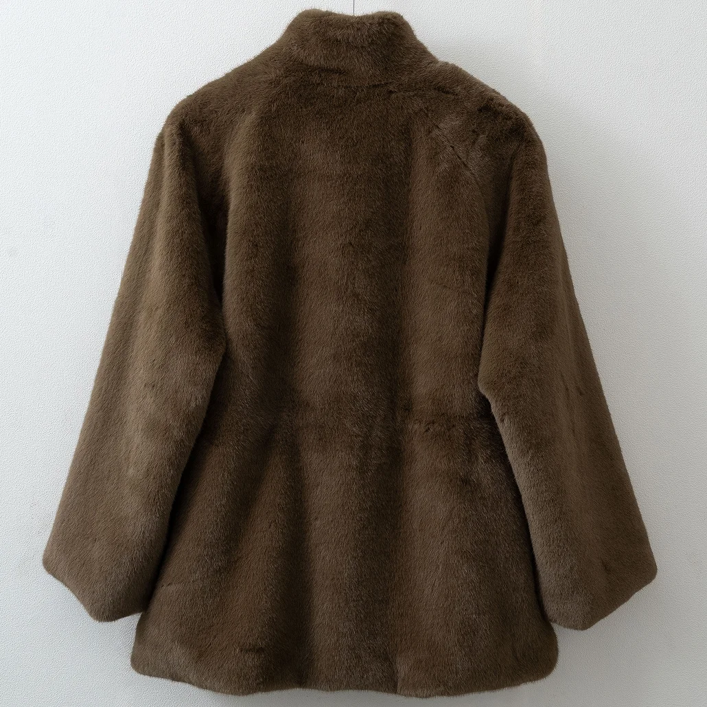 Oversized Women Faux Mink Fur Coat, Stand Collar Mid‑Length Warm Plush Autumn Winter Outerwear With Drawstring Waist