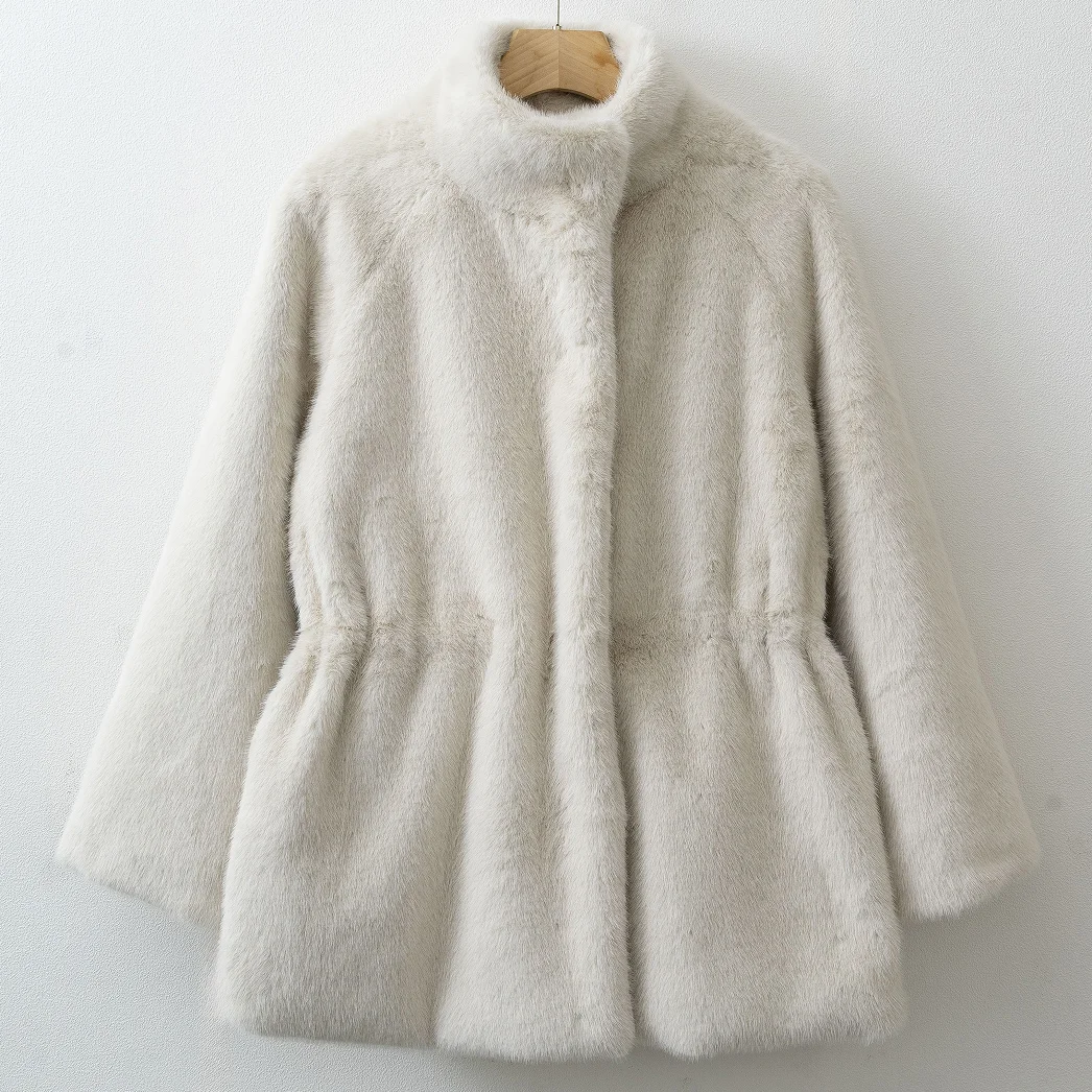 Oversized Women Faux Mink Fur Coat, Stand Collar Mid‑Length Warm Plush Autumn Winter Outerwear With Drawstring Waist