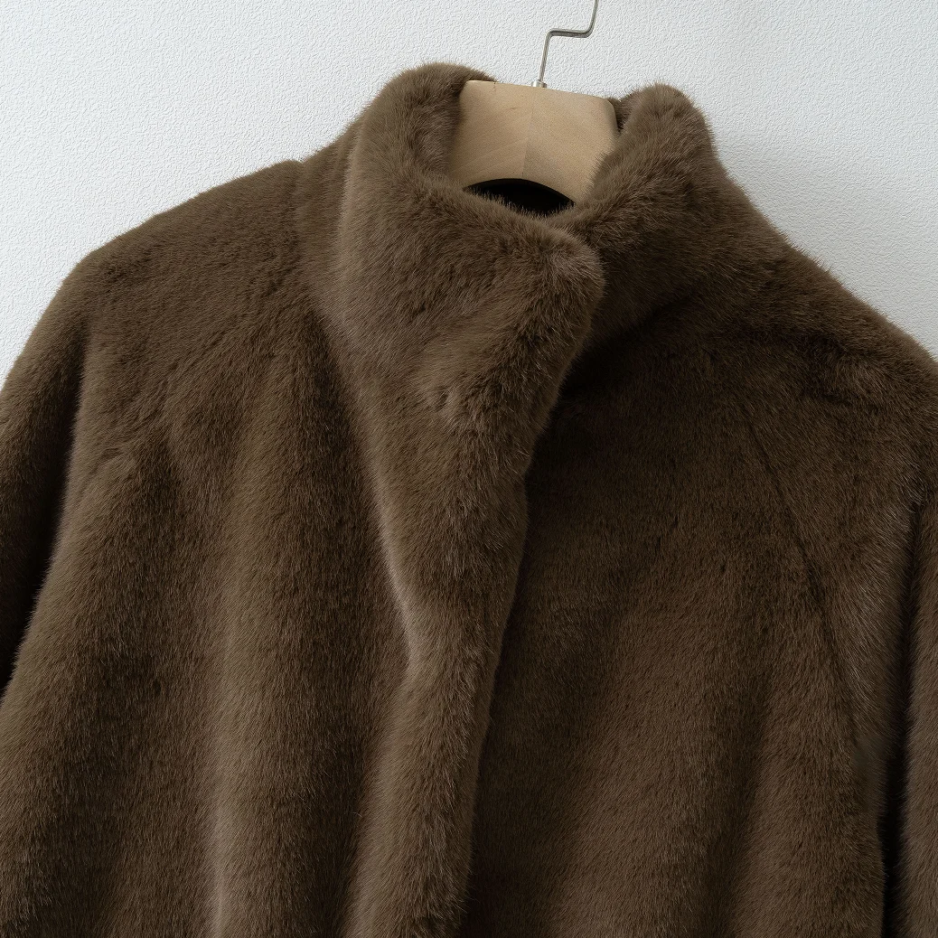 Oversized Women Faux Mink Fur Coat, Stand Collar Mid‑Length Warm Plush Autumn Winter Outerwear With Drawstring Waist