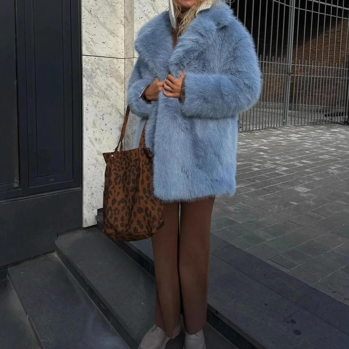 Women Faux Fur Coats Mid Length Jackets Long Sleeve Turn Down Collar Open Stitch Loose Fit Casual Office Lady 2025 Autumn Winter