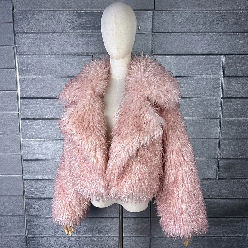 DEAT 2026 Winter Winter New Fashion Imitation Beach Wool Printed Tie Dyed Faux Fur Coat For Women Loose Lapel Jacket 11A07447