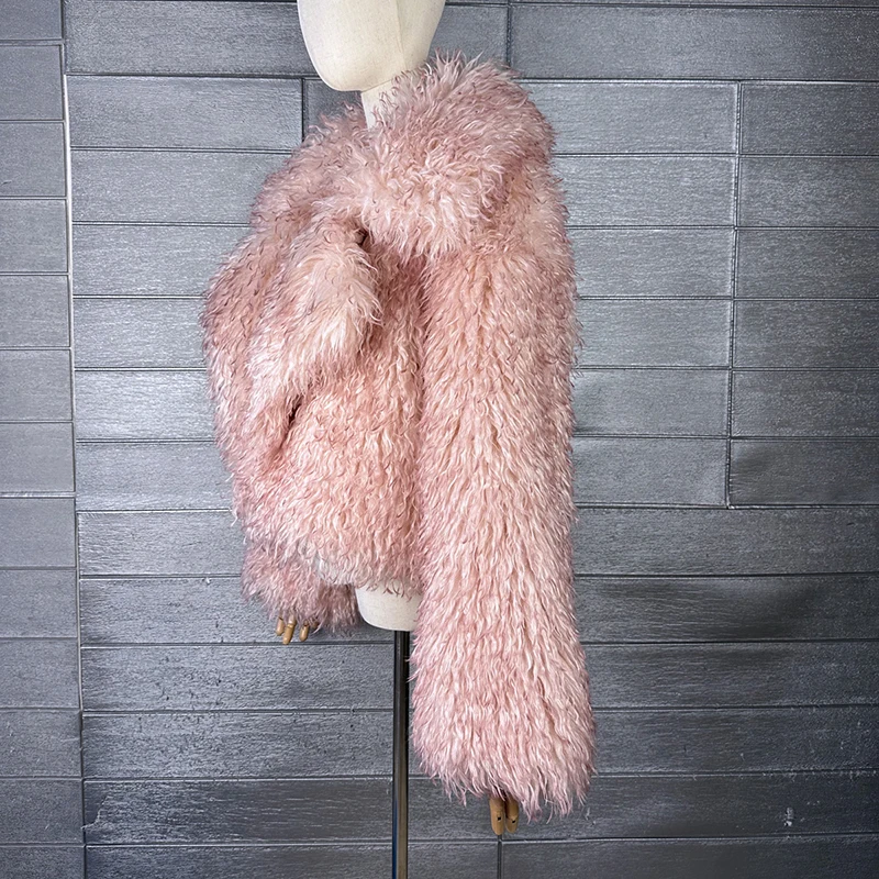 DEAT 2026 Winter Winter New Fashion Imitation Beach Wool Printed Tie Dyed Faux Fur Coat For Women Loose Lapel Jacket 11A07447