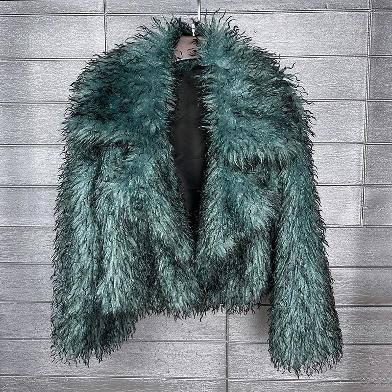 DEAT 2026 Winter Winter New Fashion Imitation Beach Wool Printed Tie Dyed Faux Fur Coat For Women Loose Lapel Jacket 11A07447