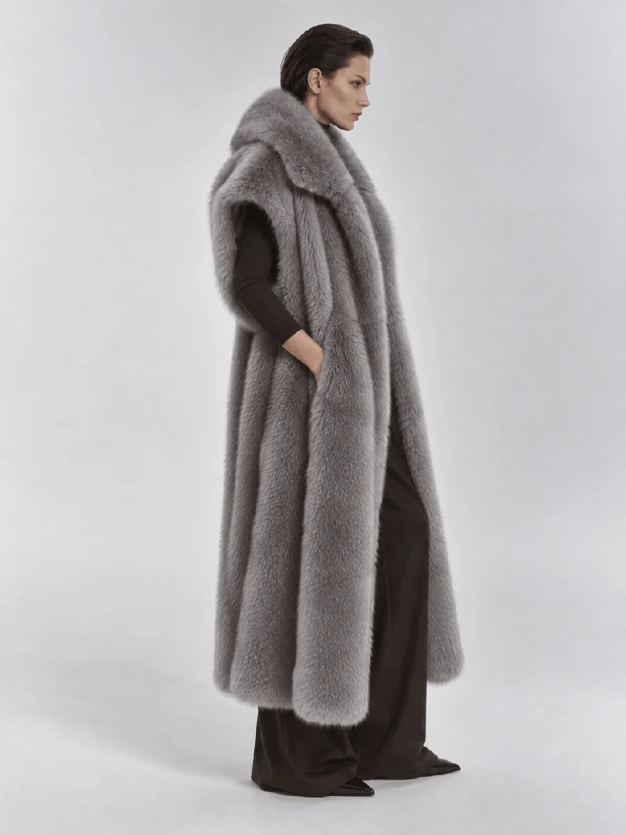 Women's Long Fluffy Faux Fur Vest Lapel Collar Sleeveless Oversized Winter Warm Elegant Luxe Chic Outerwear