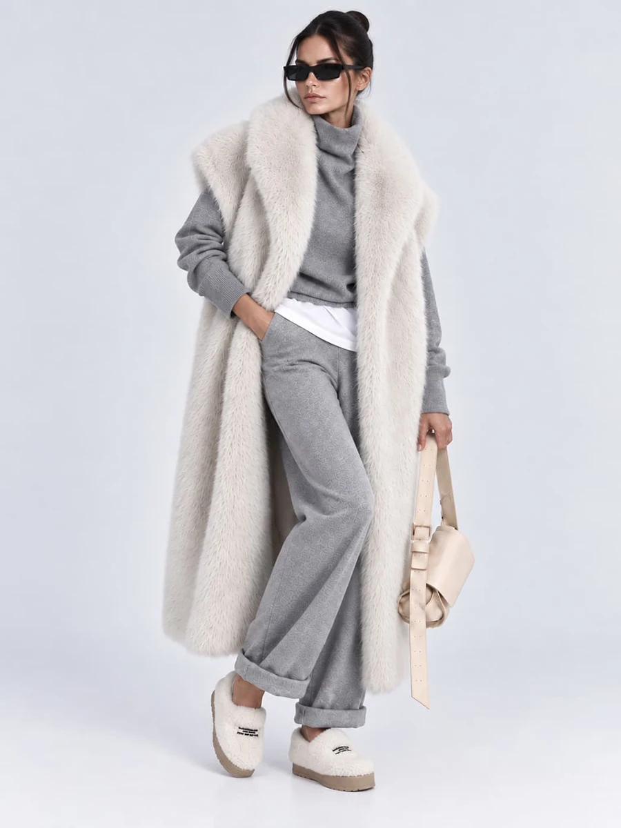 Women's Long Fluffy Faux Fur Vest Lapel Collar Sleeveless Oversized Winter Warm Elegant Luxe Chic Outerwear