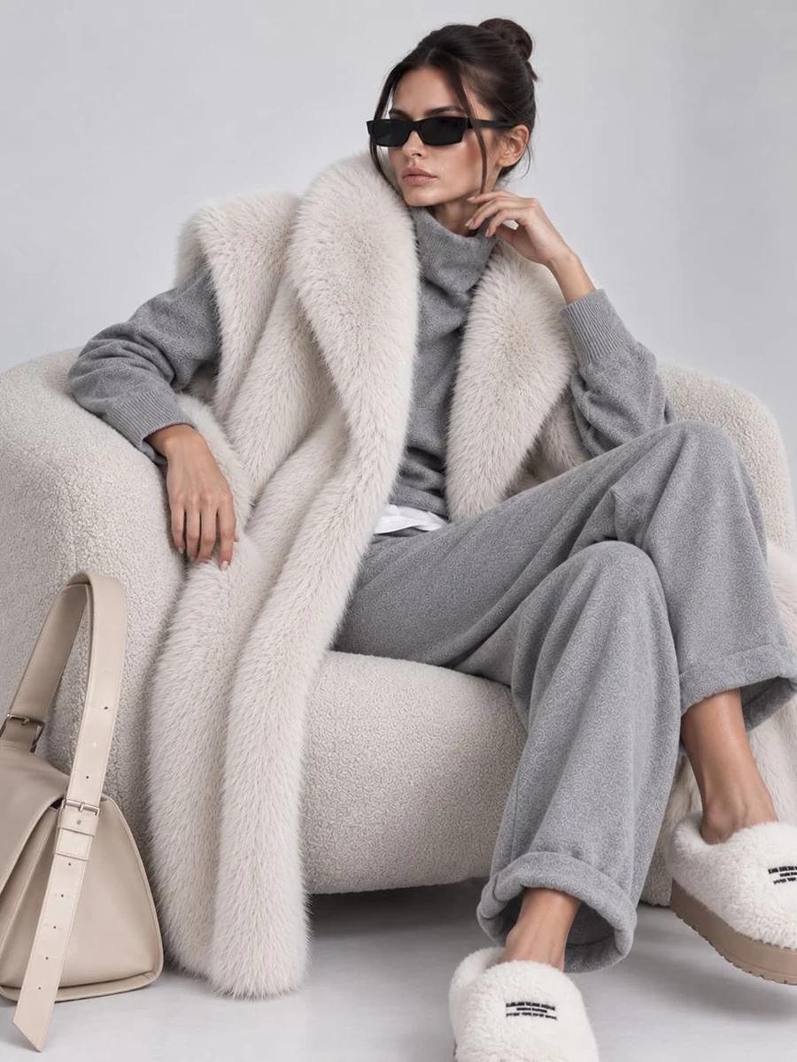 Women's Long Fluffy Faux Fur Vest Lapel Collar Sleeveless Oversized Winter Warm Elegant Luxe Chic Outerwear