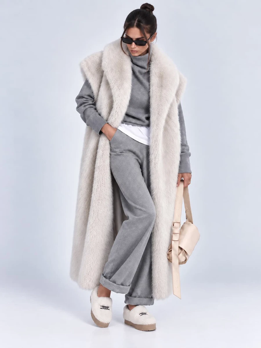 Women's Long Fluffy Faux Fur Vest Lapel Collar Sleeveless Oversized Winter Warm Elegant Luxe Chic Outerwear