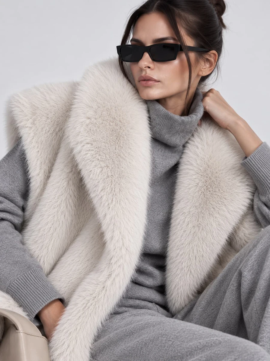 Women's Long Fluffy Faux Fur Vest Lapel Collar Sleeveless Oversized Winter Warm Elegant Luxe Chic Outerwear