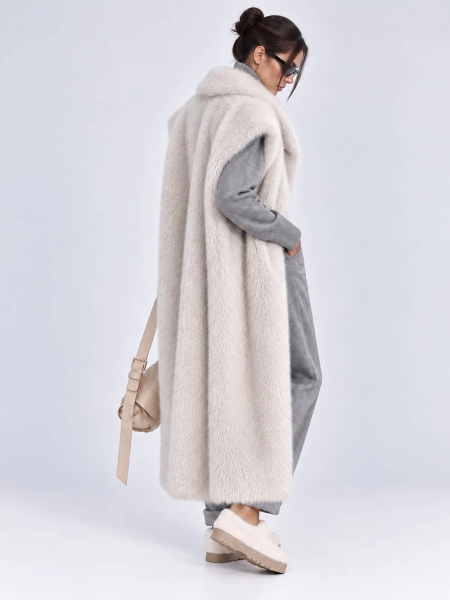 Women's Long Fluffy Faux Fur Vest Lapel Collar Sleeveless Oversized Winter Warm Elegant Luxe Chic Outerwear