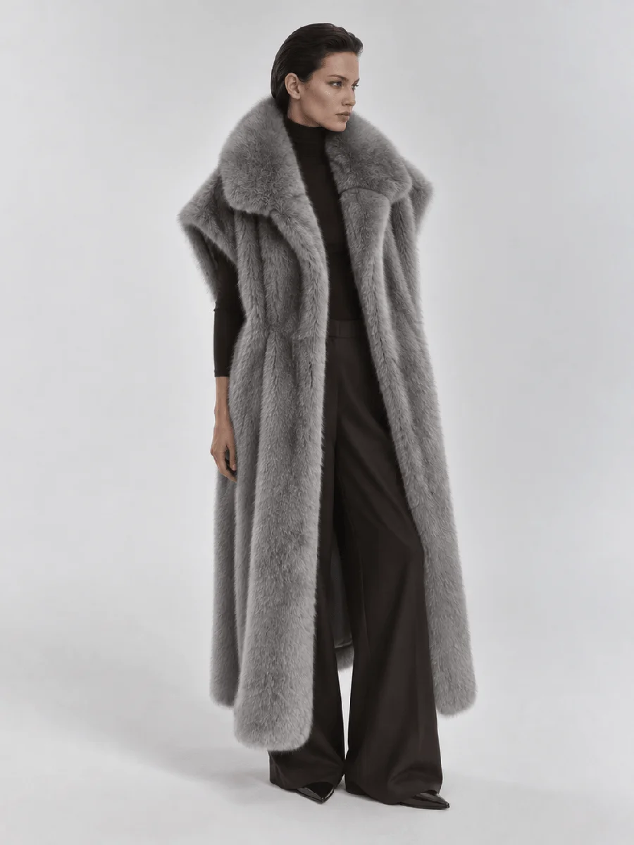 Women's Long Fluffy Faux Fur Vest Lapel Collar Sleeveless Oversized Winter Warm Elegant Luxe Chic Outerwear