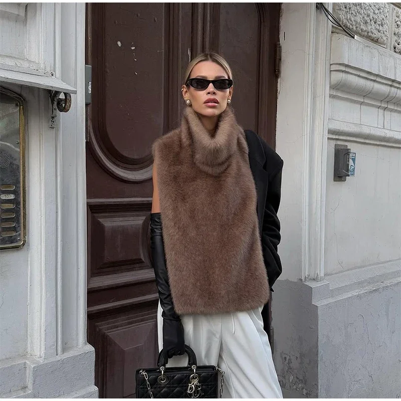 Women Stand Collar Faux Fur Vest Chic Solid High Collar Sleeveless Loose Waistcoat Casual 2026 New Lady Daily Street Short Vests