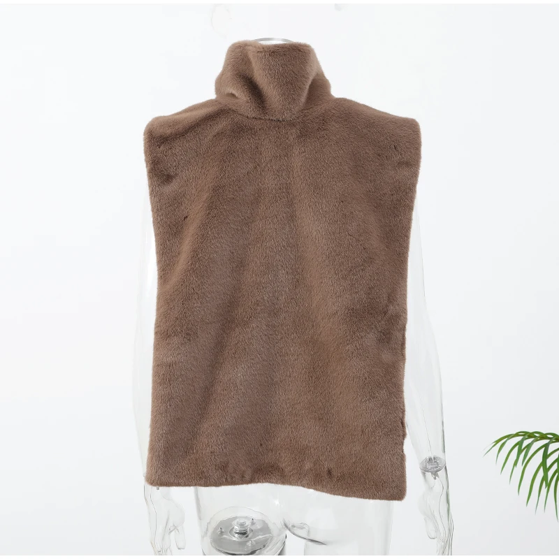 Women Stand Collar Faux Fur Vest Chic Solid High Collar Sleeveless Loose Waistcoat Casual 2026 New Lady Daily Street Short Vests