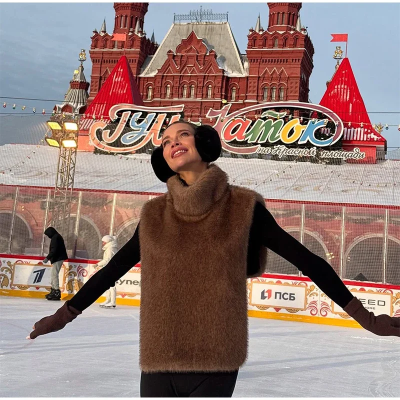 Women Stand Collar Faux Fur Vest Chic Solid High Collar Sleeveless Loose Waistcoat Casual 2026 New Lady Daily Street Short Vests