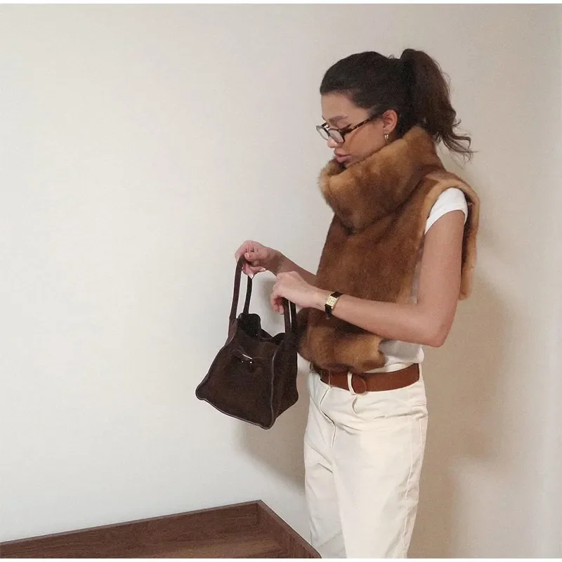 Women Stand Collar Faux Fur Vest Chic Solid High Collar Sleeveless Loose Waistcoat Casual 2026 New Lady Daily Street Short Vests