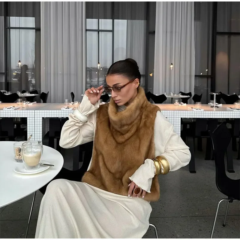 Women Stand Collar Faux Fur Vest Chic Solid High Collar Sleeveless Loose Waistcoat Casual 2026 New Lady Daily Street Short Vests