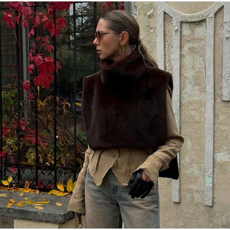 Women Stand Collar Faux Fur Vest Chic Solid High Collar Sleeveless Loose Waistcoat Casual 2026 New Lady Daily Street Short Vests