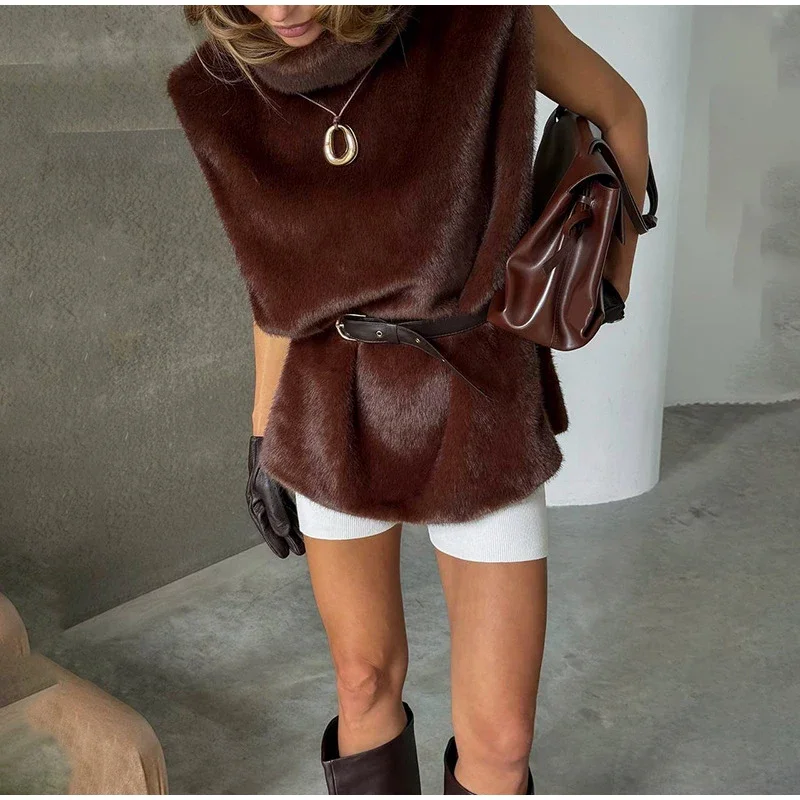 Women Stand Collar Faux Fur Vest Chic Solid High Collar Sleeveless Loose Waistcoat Casual 2026 New Lady Daily Street Short Vests