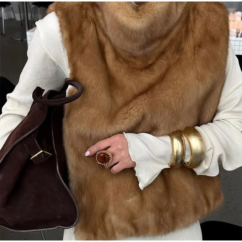Women Stand Collar Faux Fur Vest Chic Solid High Collar Sleeveless Loose Waistcoat Casual 2026 New Lady Daily Street Short Vests