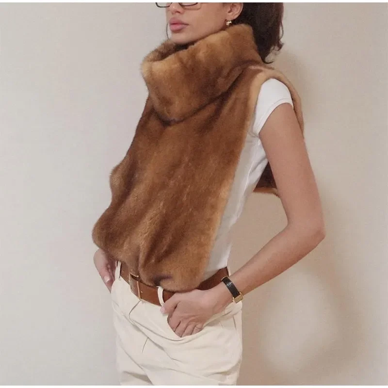 Women Stand Collar Faux Fur Vest Chic Solid High Collar Sleeveless Loose Waistcoat Casual 2026 New Lady Daily Street Short Vests