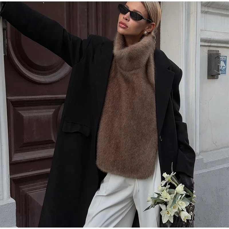 Women Stand Collar Faux Fur Vest Chic Solid High Collar Sleeveless Loose Waistcoat Casual 2026 New Lady Daily Street Short Vests