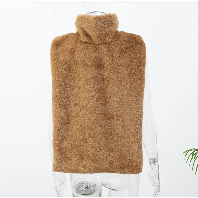 Women Stand Collar Faux Fur Vest Chic Solid High Collar Sleeveless Loose Waistcoat Casual 2026 New Lady Daily Street Short Vests