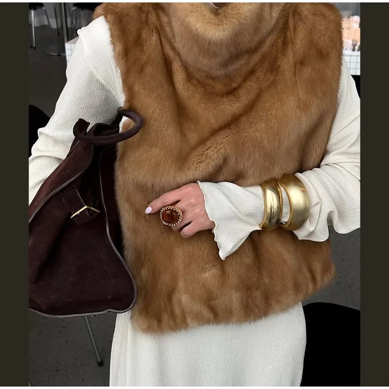 Women Stand Collar Faux Fur Vest Chic Solid High Collar Sleeveless Loose Waistcoat Casual 2026 New Lady Daily Street Short Vests