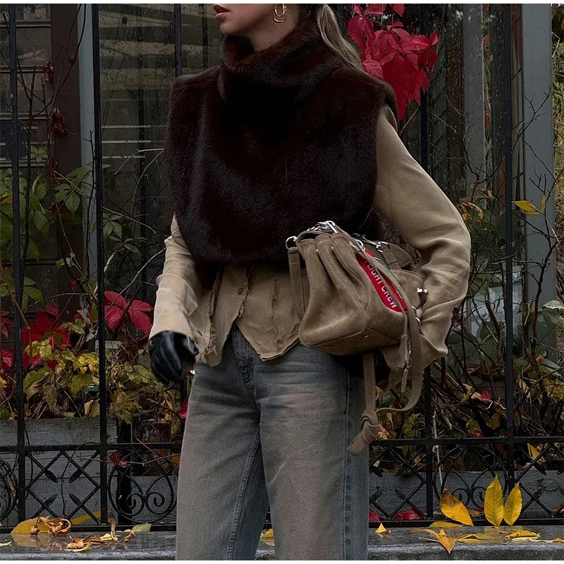 Women Stand Collar Faux Fur Vest Chic Solid High Collar Sleeveless Loose Waistcoat Casual 2026 New Lady Daily Street Short Vests