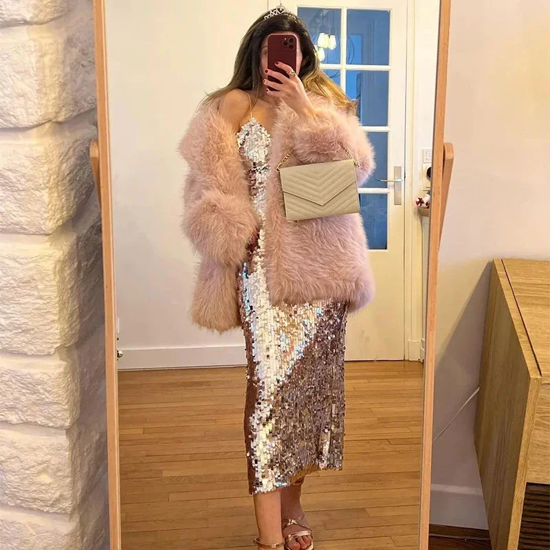 Fashion Fluffy Furry Faux Fur Jacket Women Winter Shaggy Overcoats Thick Warm Medium Length Fox Fur Coat Plush Outerwear Femme