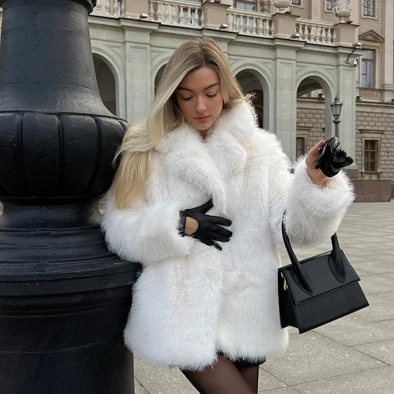 Fashion Fluffy Furry Faux Fur Jacket Women Winter Shaggy Overcoats Thick Warm Medium Length Fox Fur Coat Plush Outerwear Femme