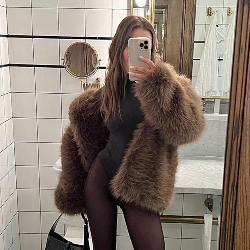 Fashion Fluffy Furry Faux Fur Jacket Women Winter Shaggy Overcoats Thick Warm Medium Length Fox Fur Coat Plush Outerwear Femme