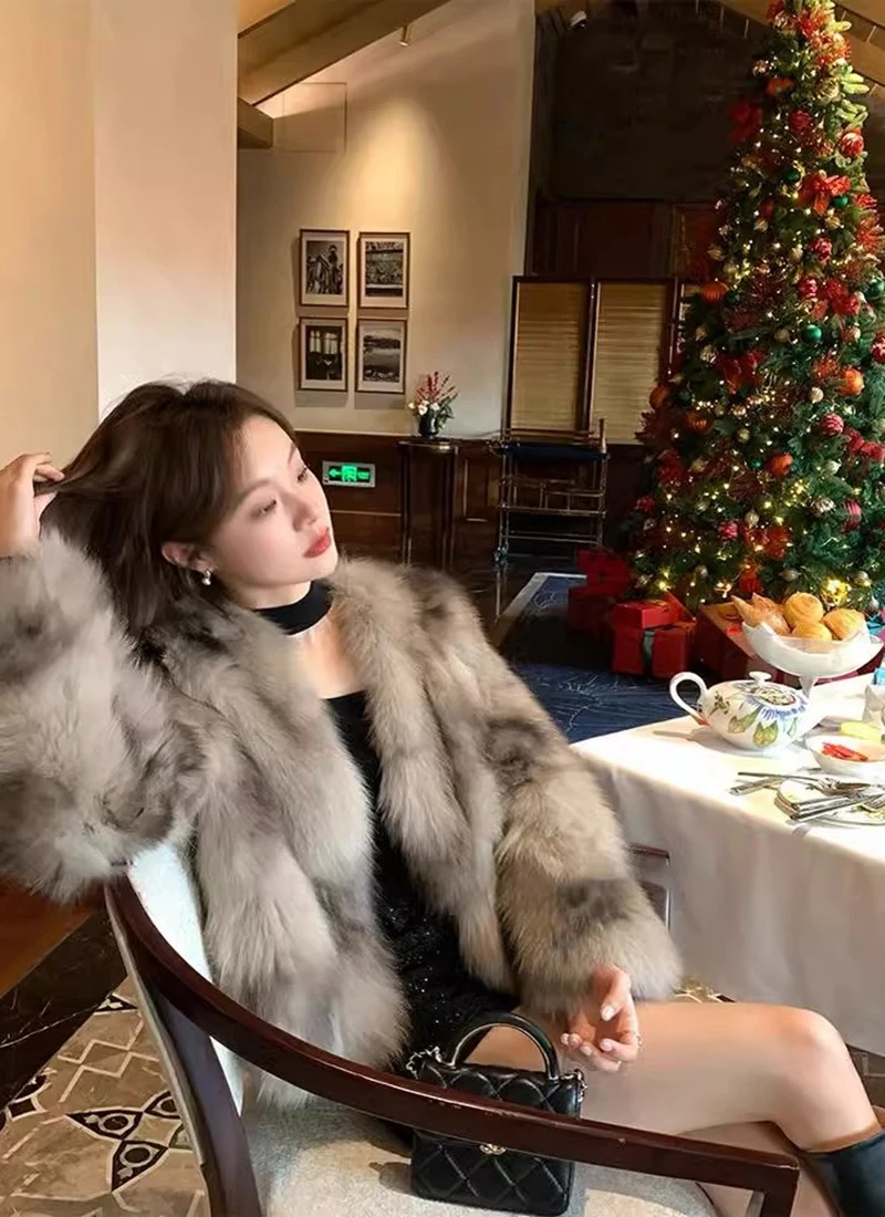 Fuzzy Faux Fox Fur Women Jacket Korean Elegant Collarless Coat Long Sleeve Thick Warm Chic Luxury Winter Outerwear Top