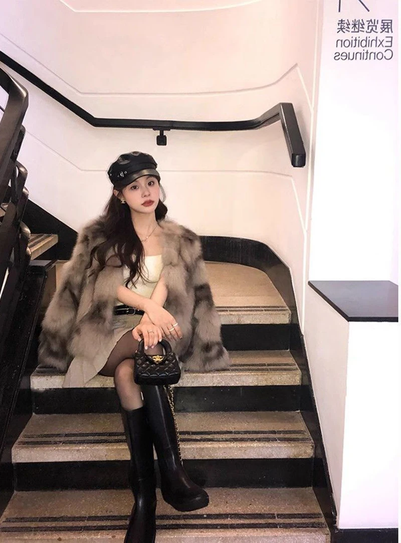 Fuzzy Faux Fox Fur Women Jacket Korean Elegant Collarless Coat Long Sleeve Thick Warm Chic Luxury Winter Outerwear Top