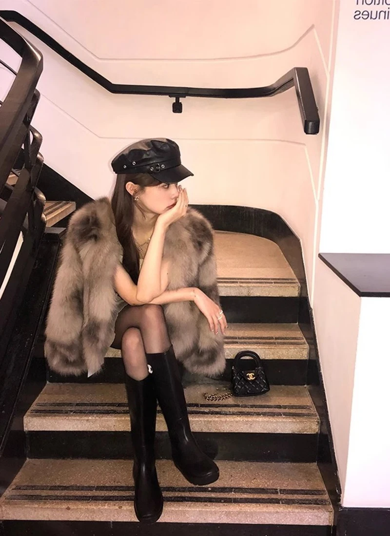 Fuzzy Faux Fox Fur Women Jacket Korean Elegant Collarless Coat Long Sleeve Thick Warm Chic Luxury Winter Outerwear Top
