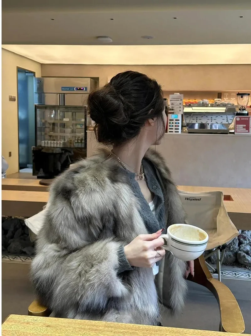 Fuzzy Faux Fox Fur Women Jacket Korean Elegant Collarless Coat Long Sleeve Thick Warm Chic Luxury Winter Outerwear Top