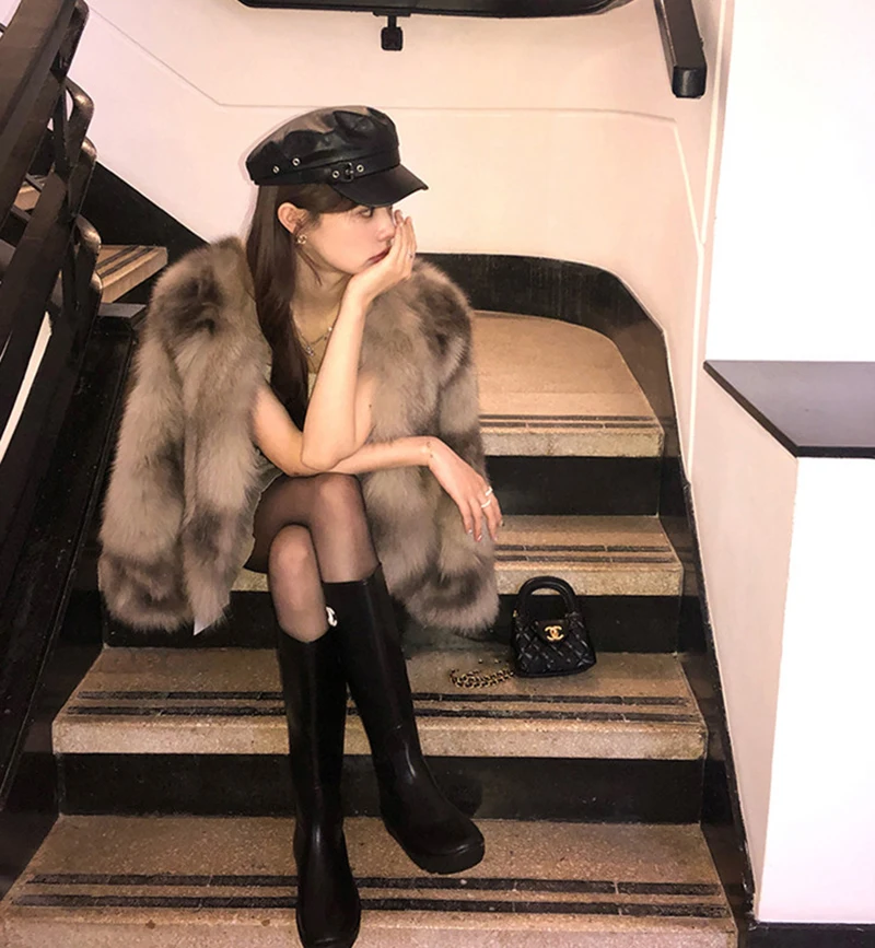 Fuzzy Faux Fox Fur Women Jacket Korean Elegant Collarless Coat Long Sleeve Thick Warm Chic Luxury Winter Outerwear Top