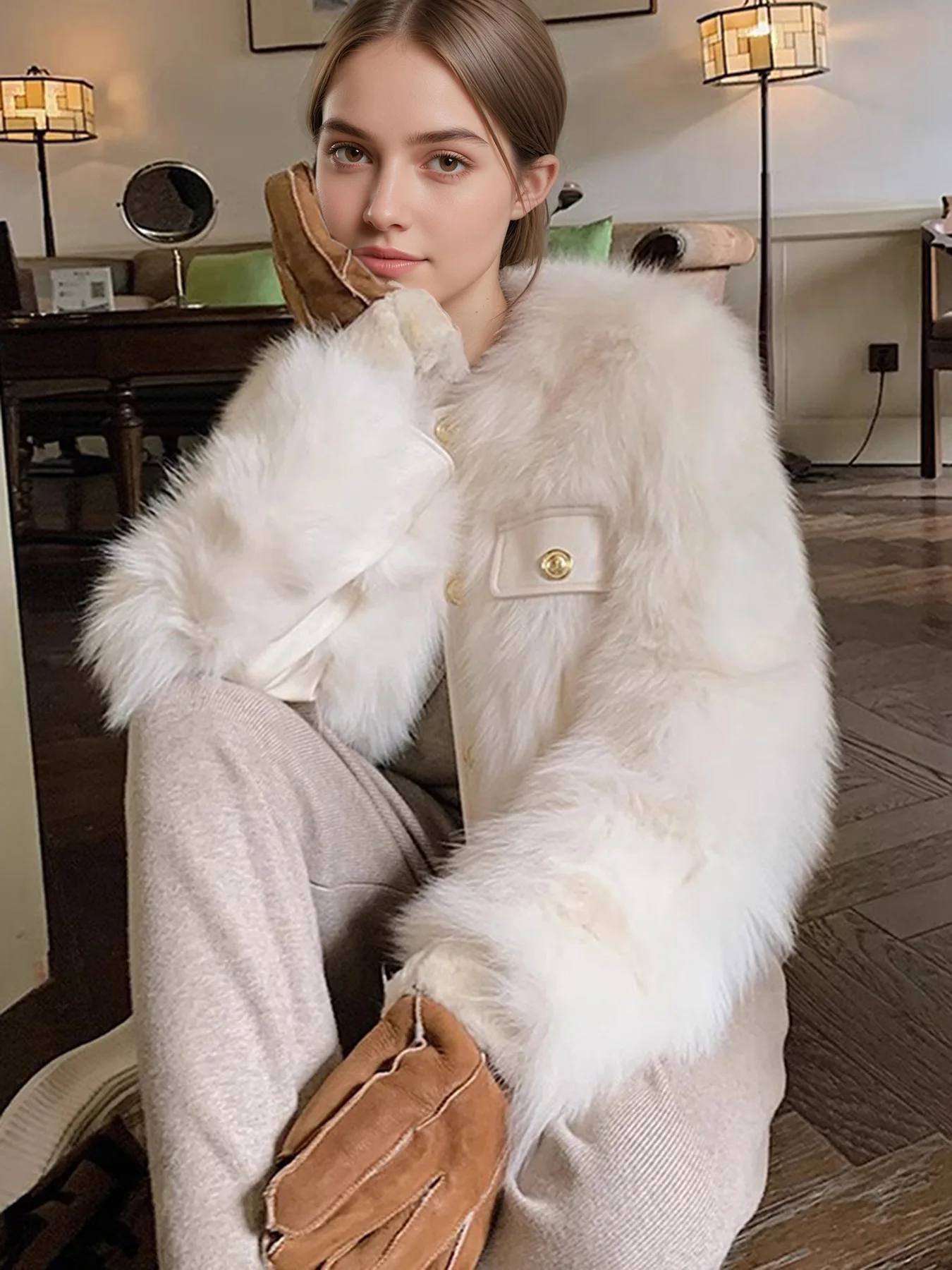 Elegant Round Neck Faux Fur Coats for Women Autumn Winter 2026 Fluffy Warm Cropped Jackets Female Gold Button Plush Outerwear