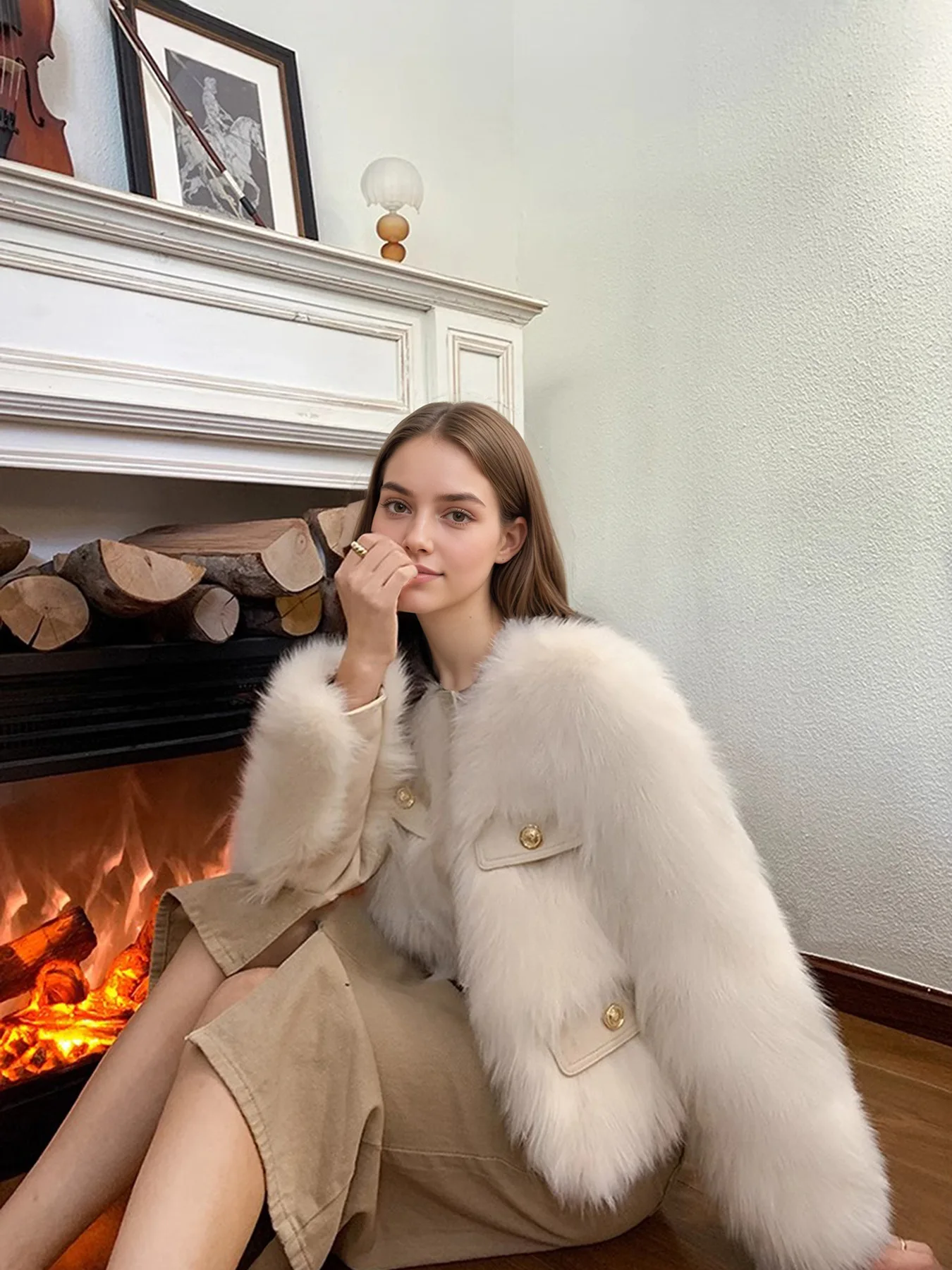 Elegant Round Neck Faux Fur Coats for Women Autumn Winter 2026 Fluffy Warm Cropped Jackets Female Gold Button Plush Outerwear