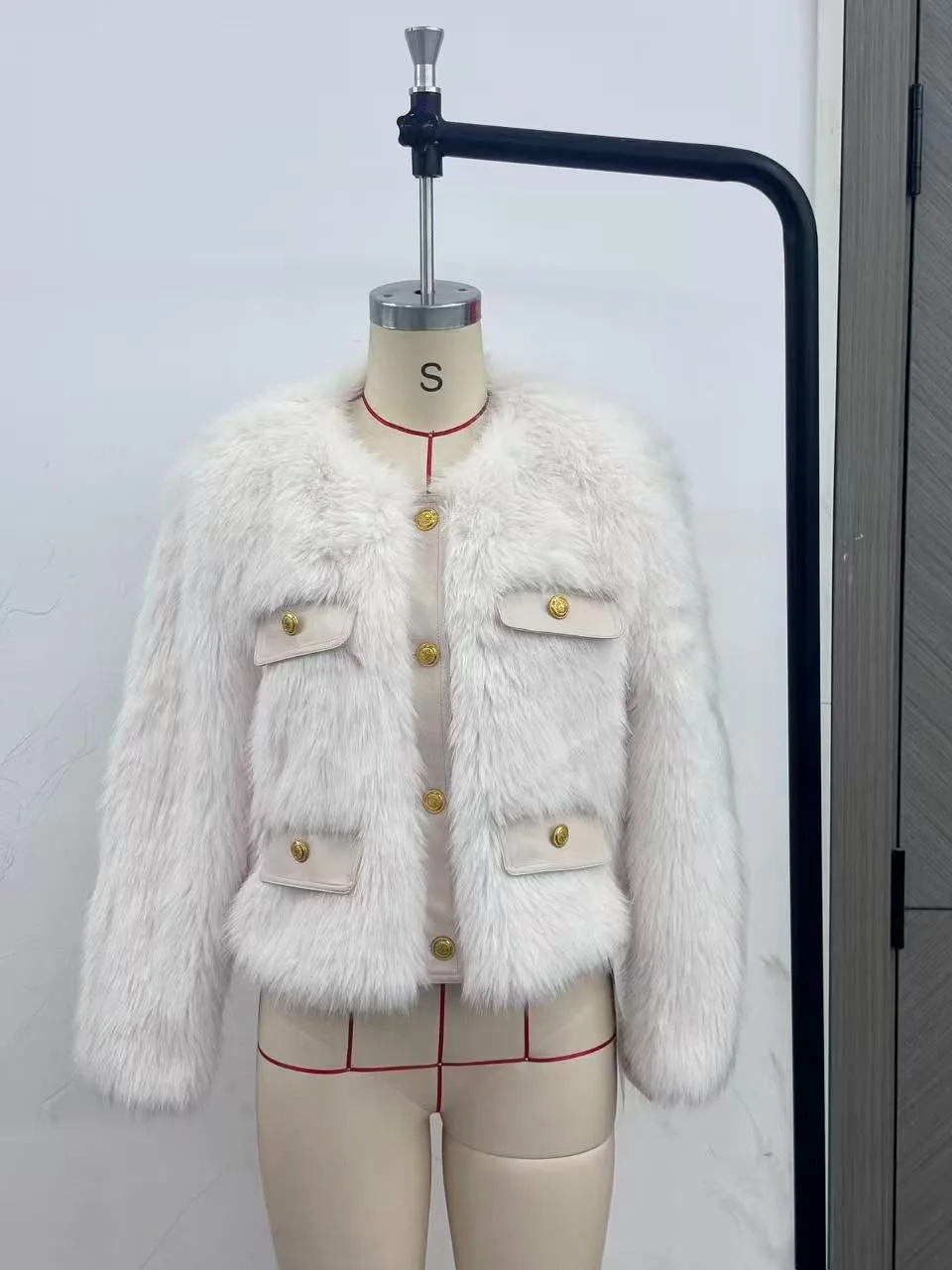 Elegant Round Neck Faux Fur Coats for Women Autumn Winter 2026 Fluffy Warm Cropped Jackets Female Gold Button Plush Outerwear