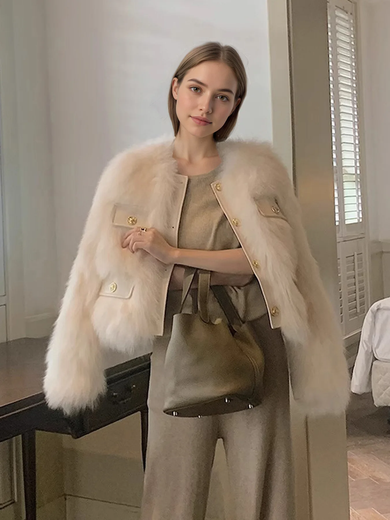Elegant Round Neck Faux Fur Coats for Women Autumn Winter 2026 Fluffy Warm Cropped Jackets Female Gold Button Plush Outerwear