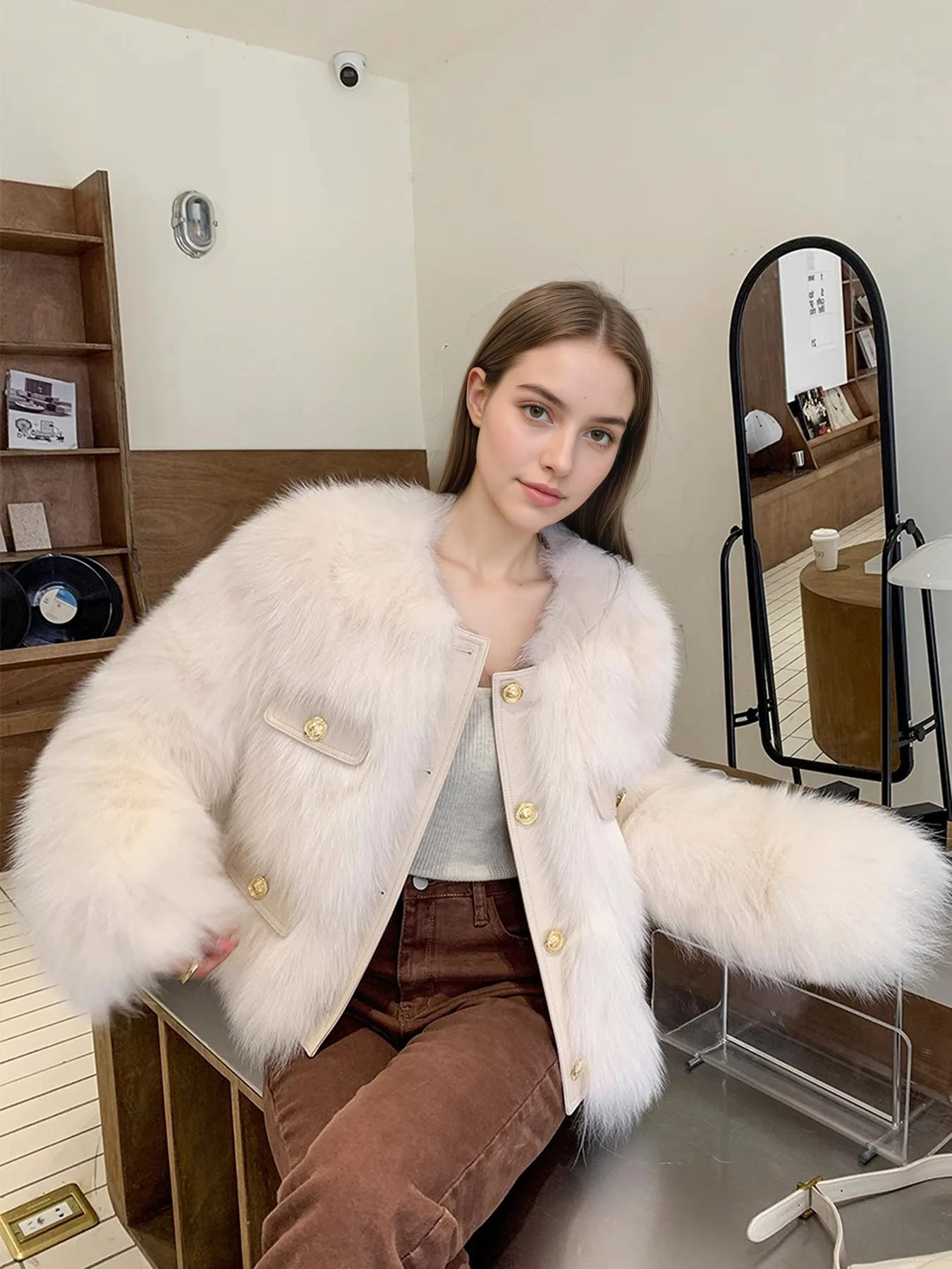 Elegant Round Neck Faux Fur Coats for Women Autumn Winter 2026 Fluffy Warm Cropped Jackets Female Gold Button Plush Outerwear