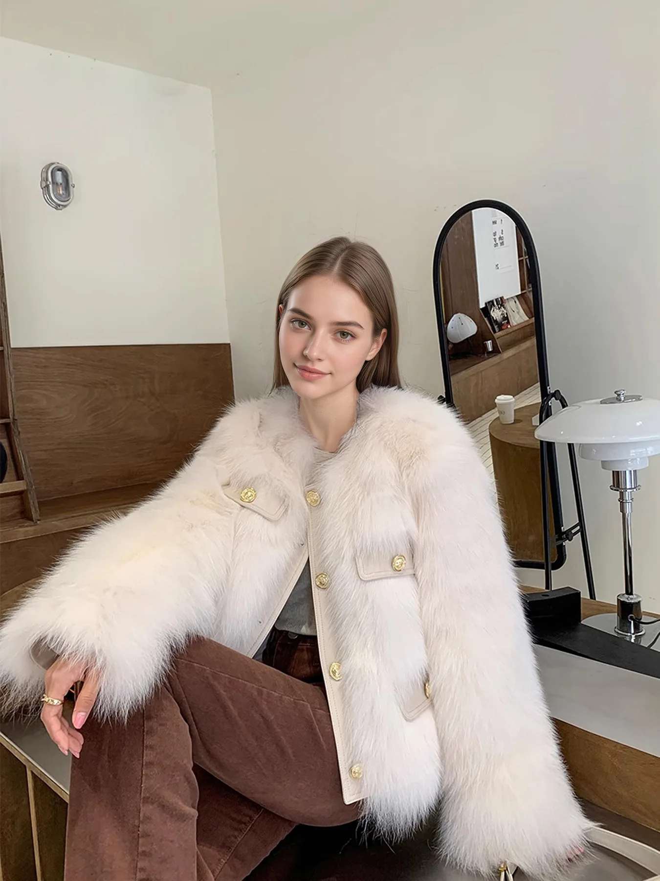 Elegant Round Neck Faux Fur Coats for Women Autumn Winter 2026 Fluffy Warm Cropped Jackets Female Gold Button Plush Outerwear
