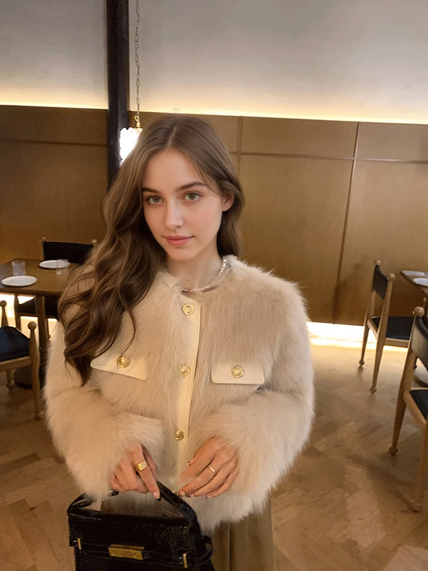 Elegant Round Neck Faux Fur Coats for Women Autumn Winter 2026 Fluffy Warm Cropped Jackets Female Gold Button Plush Outerwear