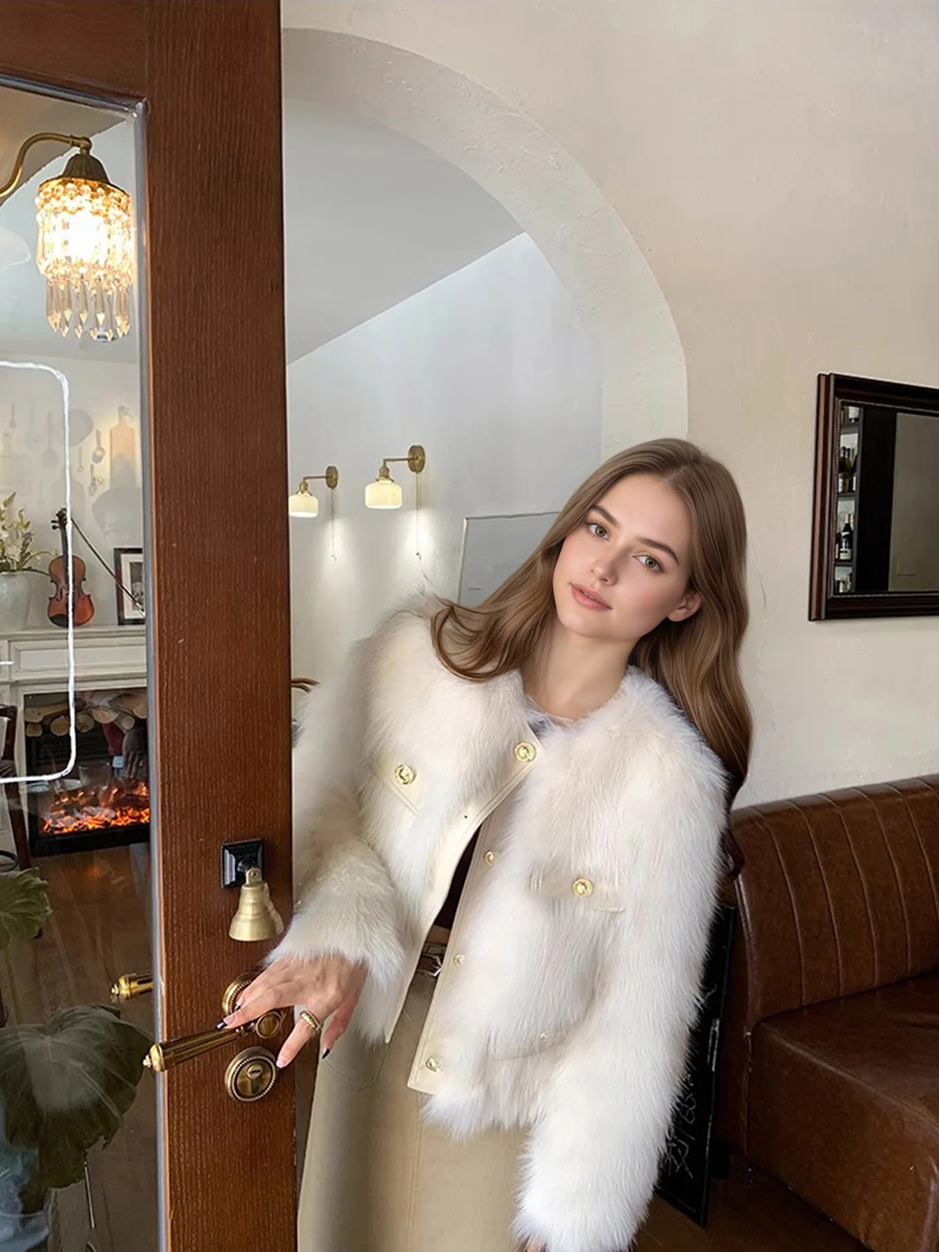 Elegant Round Neck Faux Fur Coats for Women Autumn Winter 2026 Fluffy Warm Cropped Jackets Female Gold Button Plush Outerwear