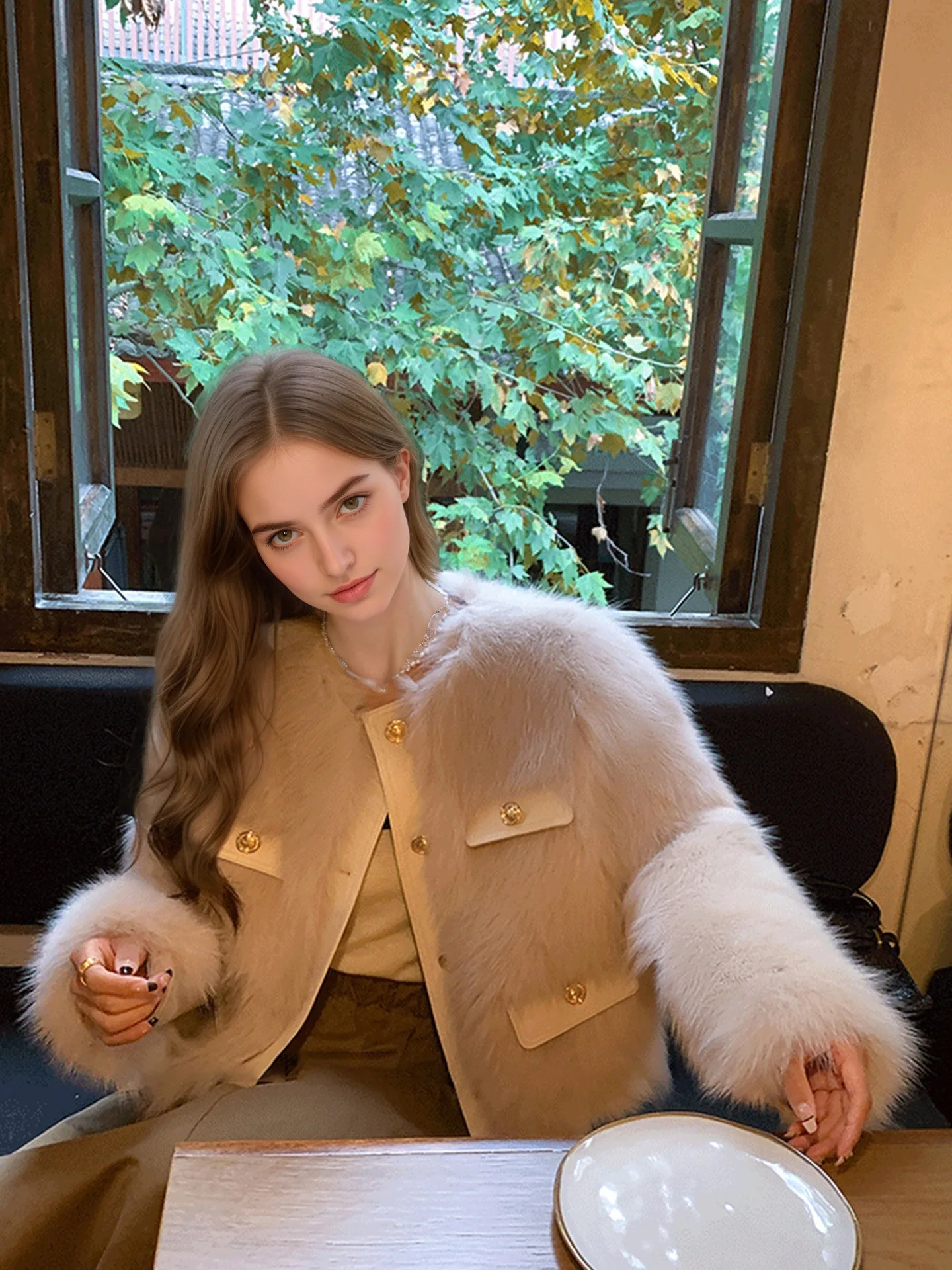 Elegant Round Neck Faux Fur Coats for Women Autumn Winter 2026 Fluffy Warm Cropped Jackets Female Gold Button Plush Outerwear