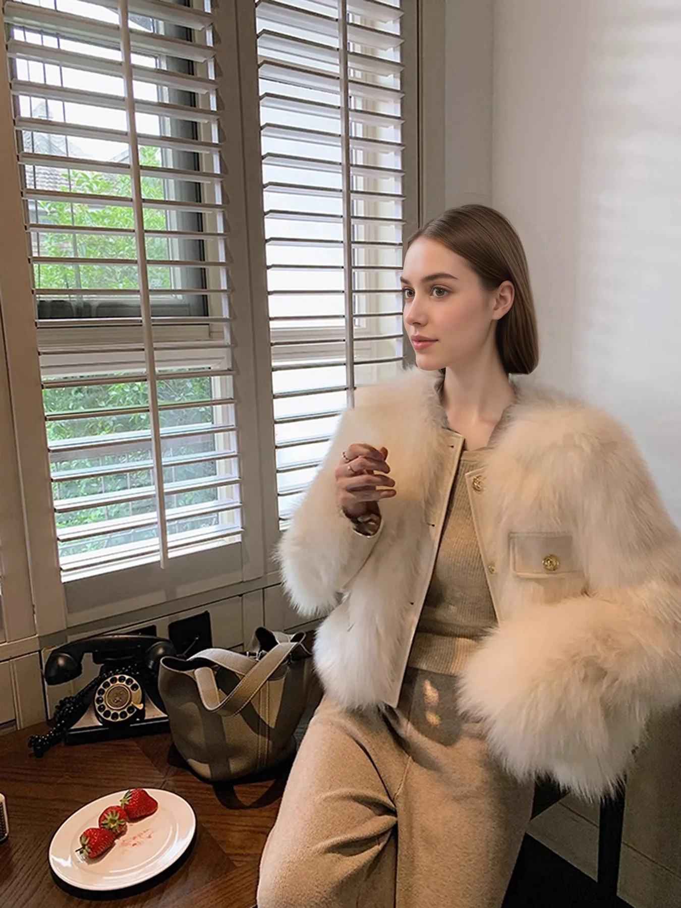 Elegant Round Neck Faux Fur Coats for Women Autumn Winter 2026 Fluffy Warm Cropped Jackets Female Gold Button Plush Outerwear