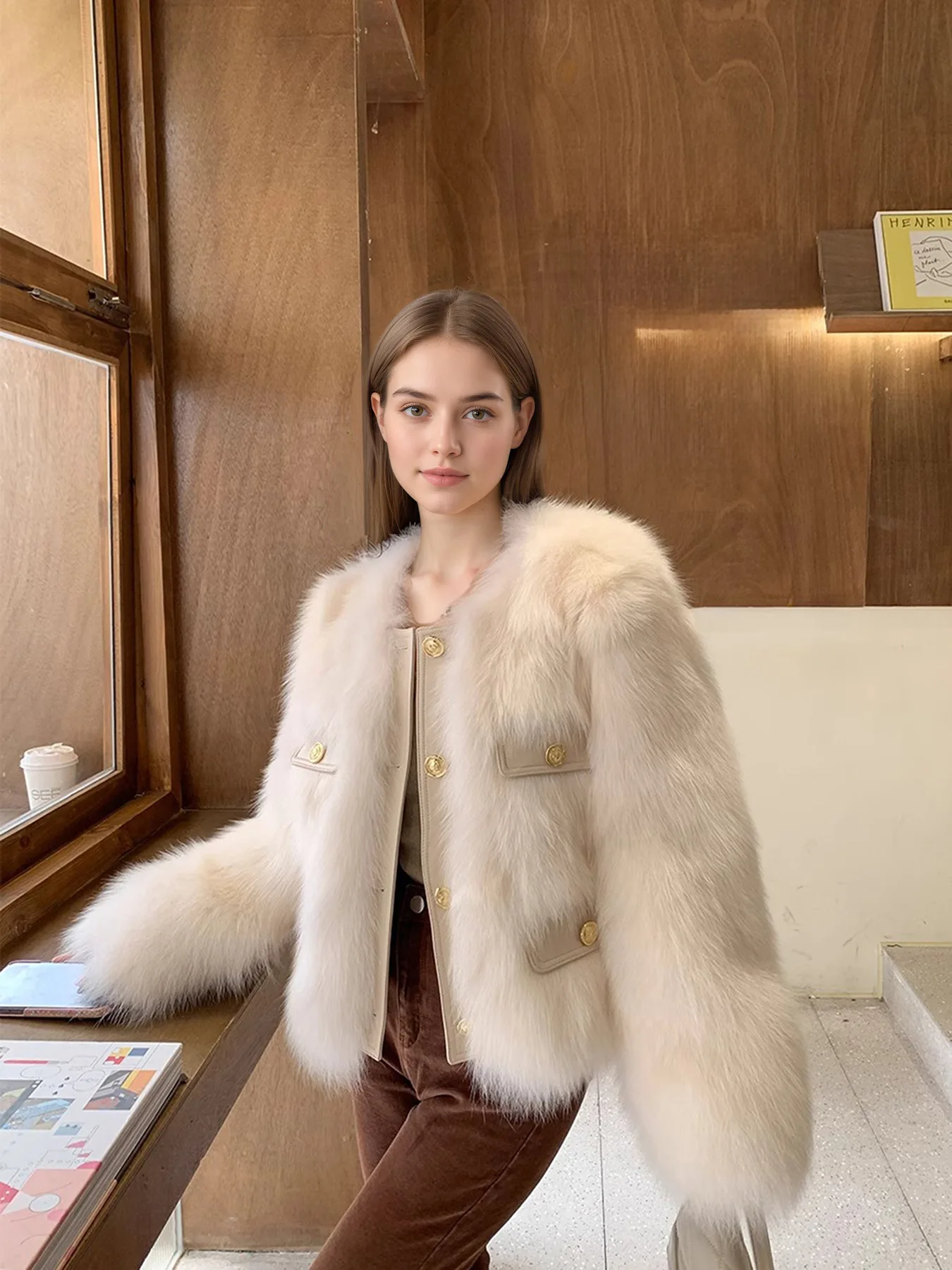 Elegant Round Neck Faux Fur Coats for Women Autumn Winter 2026 Fluffy Warm Cropped Jackets Female Gold Button Plush Outerwear