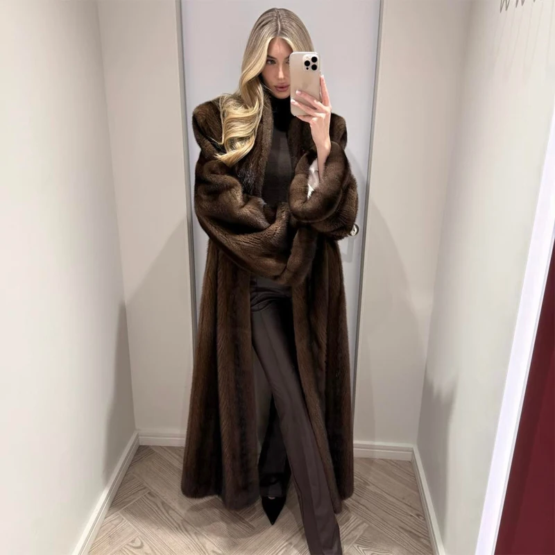Women Color Block Faux Fur Long Coat Broad Shoulder Open Front Plush Jacket Two‑tone Luxury Winter Warm Streetwear Outerwear New