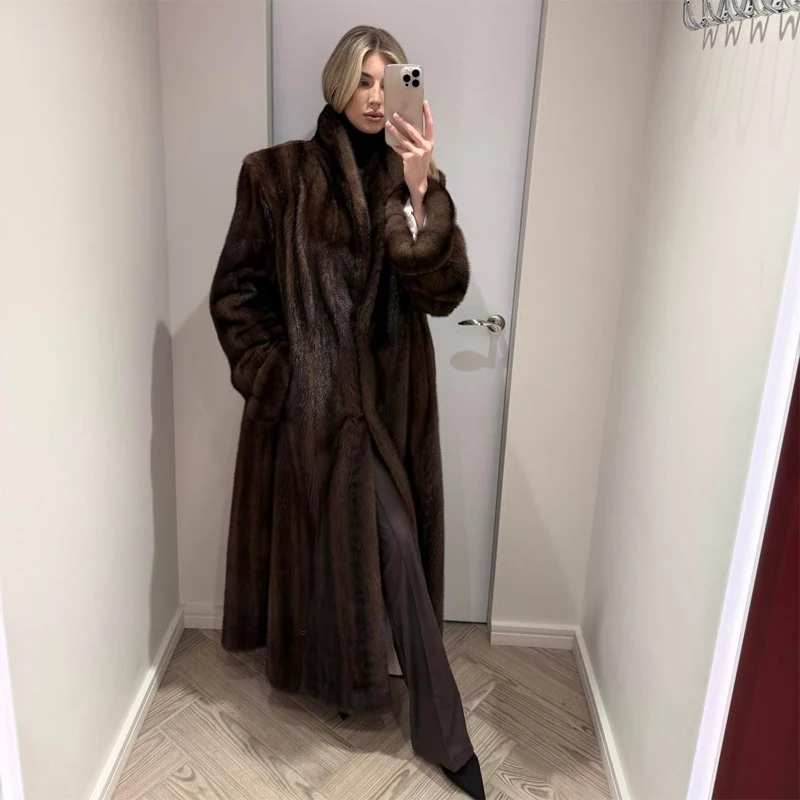 Women Color Block Faux Fur Long Coat Broad Shoulder Open Front Plush Jacket Two‑tone Luxury Winter Warm Streetwear Outerwear New