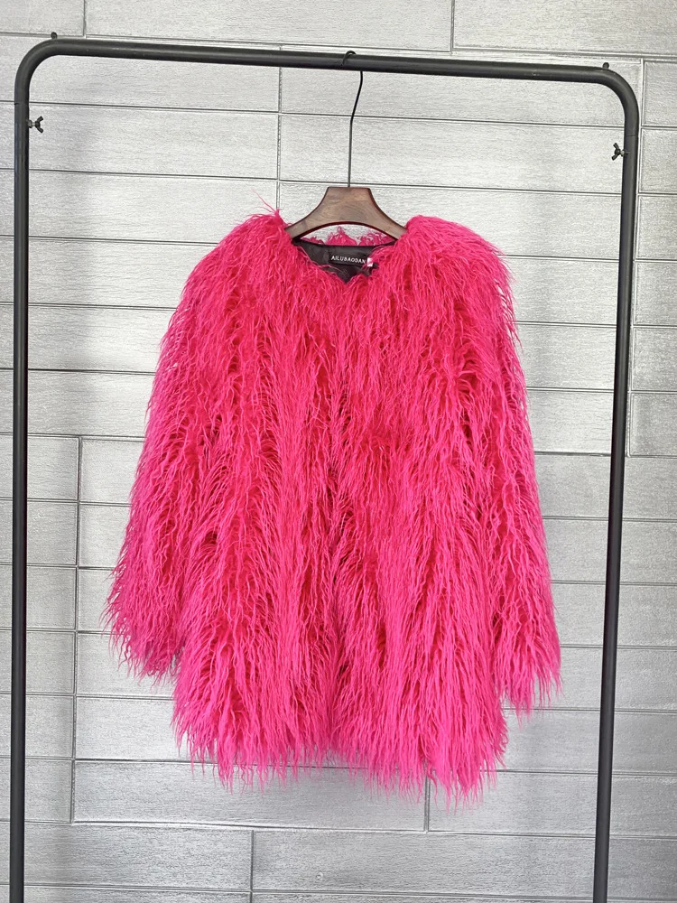 DEAT 2026 Winter Winter Fashion Imitation Fur Coat For Women Loose Solid Color O-neck Long Sleeve Warm Jacket Female 11A06488