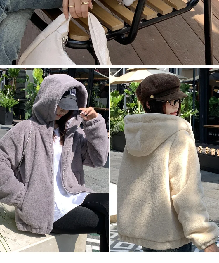 Casual Hooded Faux Rabbit Fur Coat for Women Autumn Winter 2026 Loose Fit Zipper Warm Jacket Female Soft Comfort Plush Jackets